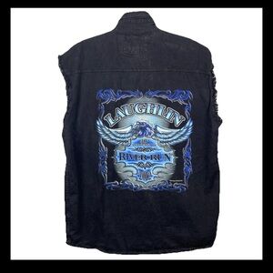 Laughlin River Run Biker Vest Denim Men’s 2XL Eagle Black Jacket Cotton Grunge